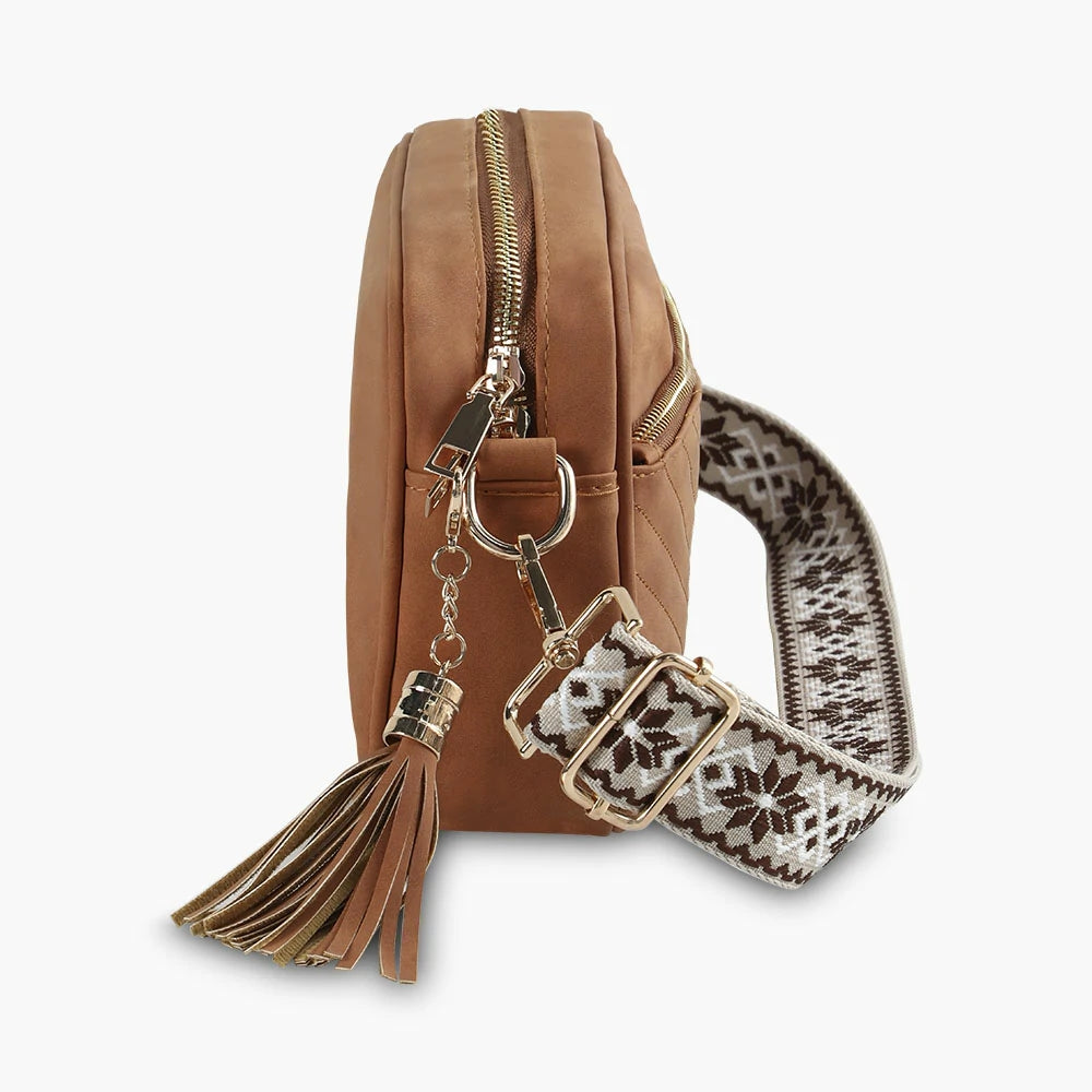 PU Tassel Double Patchwork Crossbody Bag Brown