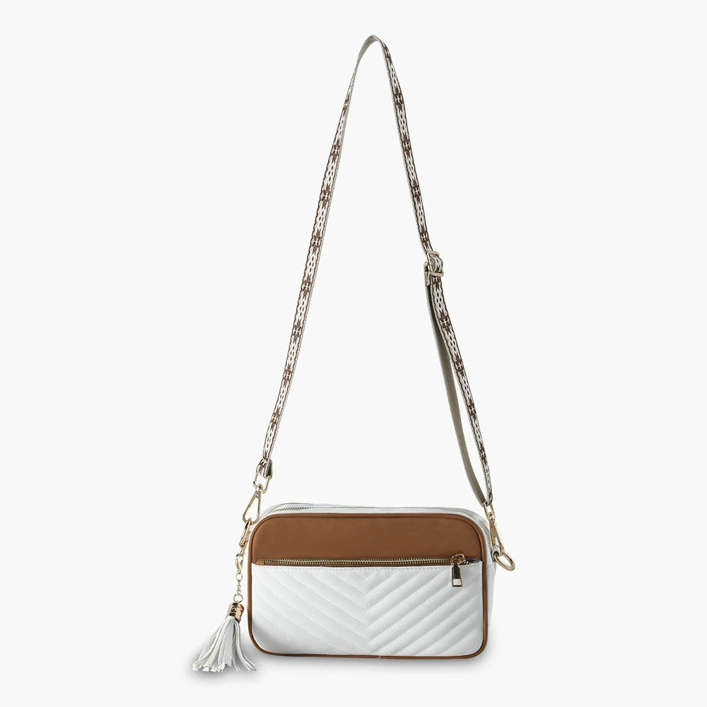 PU Tassel Double Patchwork Crossbody Bag White