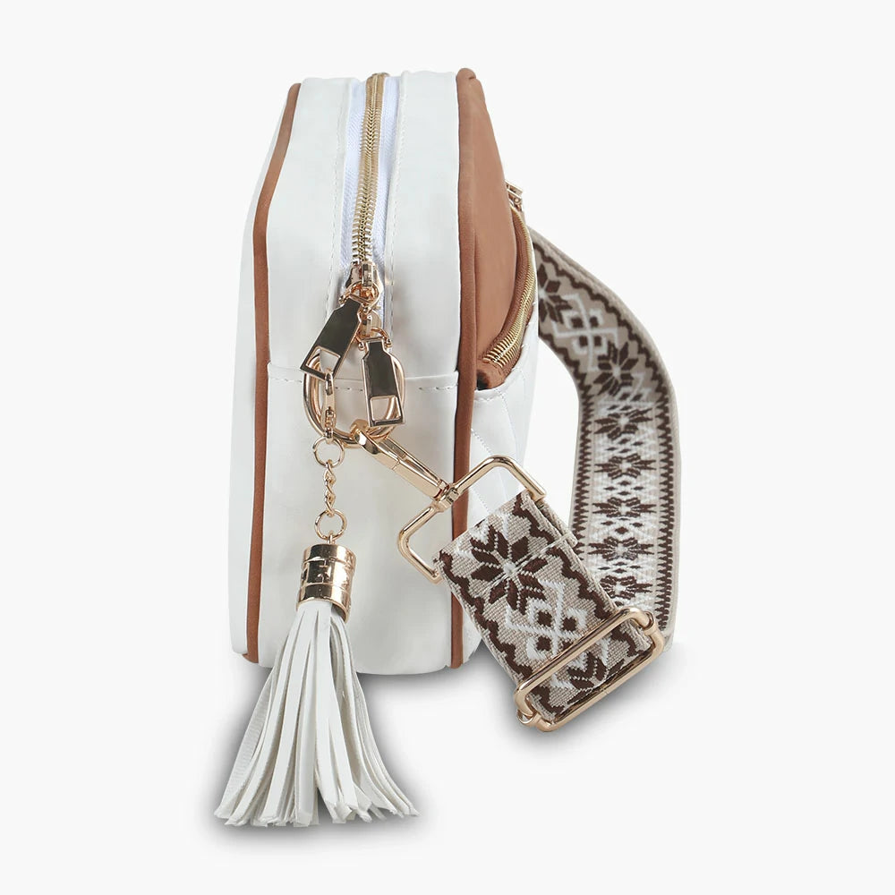 PU Tassel Double Patchwork Crossbody Bag White