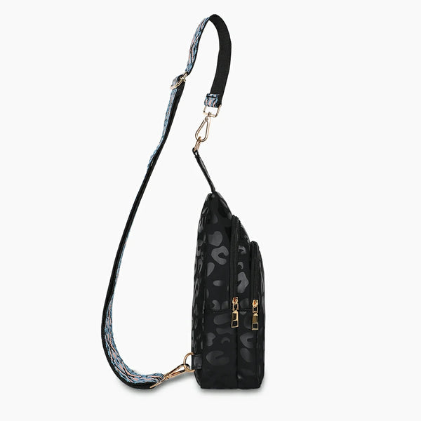 Double Zipper Webbing Chest Bag BlackLeopard