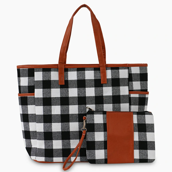 Buffalo Plaid Tote Bag 2 Pieces Set BlackWhitePlaid