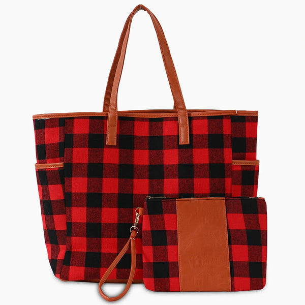 Buffalo Plaid Tote Bag 2 Pieces Set BlackRedPlaid