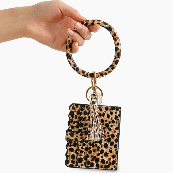 Wristlet Bracelet Keychain Pocket Credit Card Holder Leather BrownLeopard